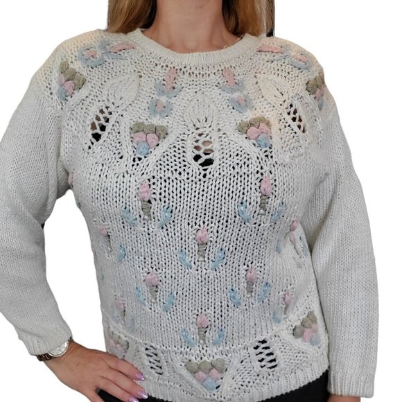 Vintage 80s Handknit White Pulliver Sweater Textured Pastel Sz M/L Cottage Core - Picture 2 of 9